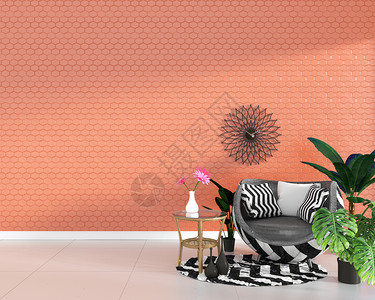内置现代起居室内置有手椅装饰和绿色植物以六边橙色瓷砖纹身壁背景最小设计3D图片