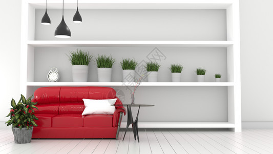 现代房间植物和红沙发图片