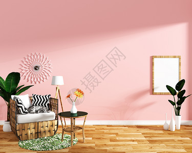热带设计轮椅植树木地板和粉红背景的木地板和粉红色背景上的树胶板植和盆3d图片