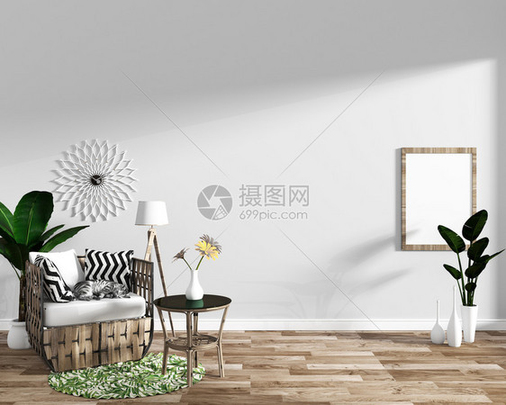 室内现代客厅有沙发装饰和绿色植物在木制地板最小设计3D木制地板的白色墙底壁背景上图片