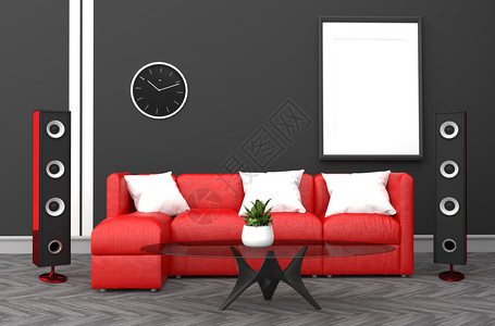 红色扬声器和沙发的现代黑墙风格3D图片