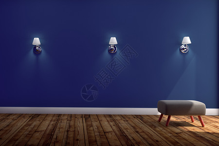 里面有椅子和三盏灯蓝墙背景的木林地板图片