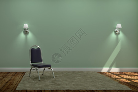 里面有椅子和地毯两盏灯墙底绿色的木林地板有椅子和毯绿色墙底的木制地板图片