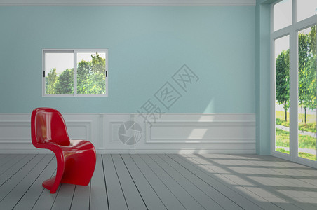 客厅有漂亮的红椅子和蓝色墙3D成像图片