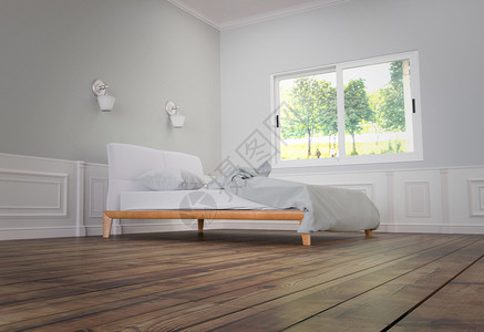 室内有床和枕头的两盏灯白墙背景的木地板白色墙底的木地板图片