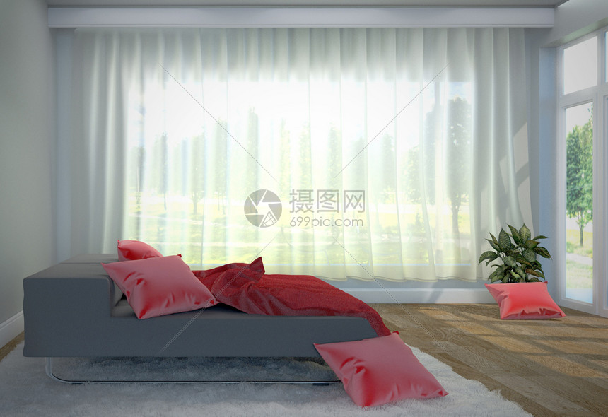 室内卧黑色床和红枕头带有树和地毯木板白墙黑色床红枕头有树和地毯木板白墙图片