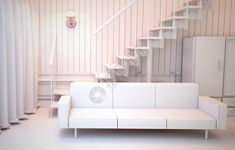 室内白色房间白色风格有沙发灯梯和衣橱白色墙壁和地板图片