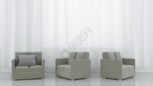 内部和三座沙发的空白墙背景3D图片