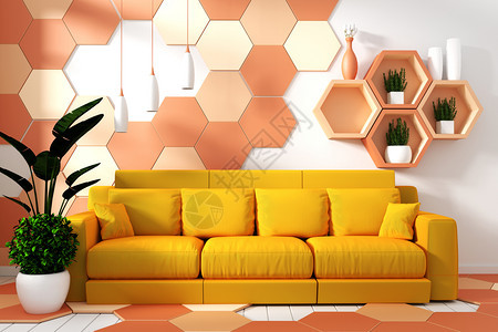 室内现代起居装有手椅饰和绿色植物在六角黄色和橙纹身墙壁背景最小设计3d铸造上图片