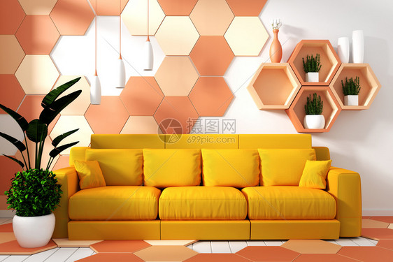 室内现代起居装有手椅饰和绿色植物在六角黄色和橙纹身墙壁背景最小设计3d铸造上图片