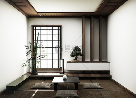 室内设计现代空客厅配有塔米垫和传统日本人3d图片