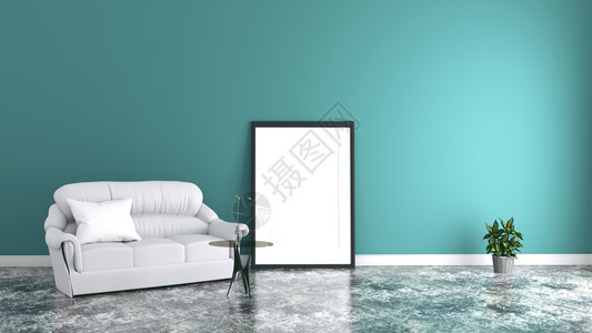 白色客厅室内装有布织的沙发图片和植物以空薄荷壁背景为空3D图片