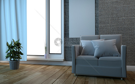 有沙发的起居室枕头灯和白墙背景的花朵3D图片