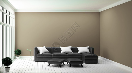 棕墙上的黑沙发设计概念现代内置3d图片