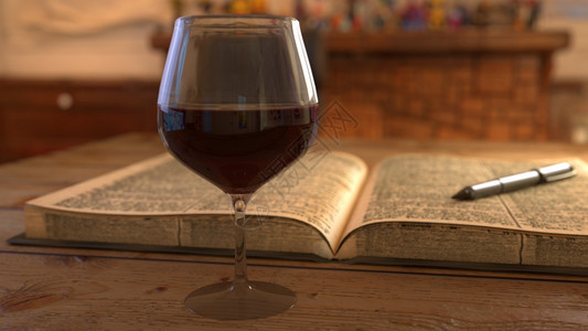 有背景书籍和笔的葡萄酒3D图片