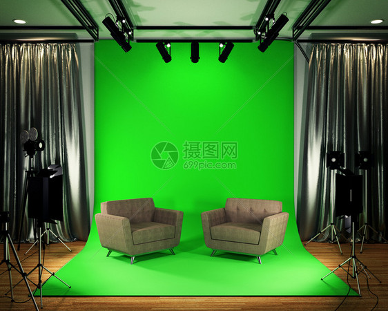 大型演播室现代电影制片室绿色屏幕3D图片