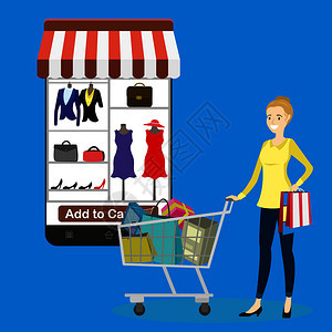 现代智能手机配有服装应用程序商店和美丽快乐的女孩配有购物袋平板设计矢量插图图片