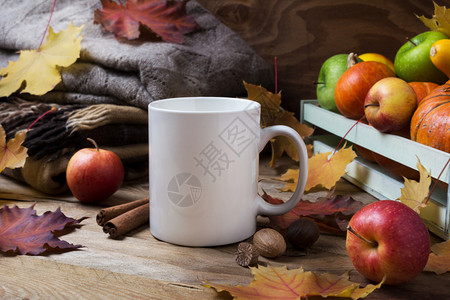 白咖啡杯装有编织的格子淡叶和苹果空杯装用于设计促销图片
