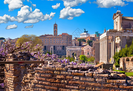 在意大利首都罗马风景优美的春季中历史悠久的罗马论坛图片