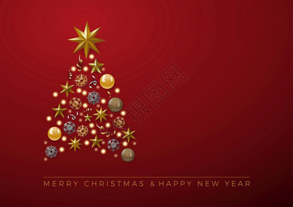 矢量抽象覆盖金色圣诞树文本在红色背景上图片