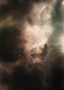 黑暗的古老幽灵塔和在雾的夜晚弯曲树枝照片操纵图片
