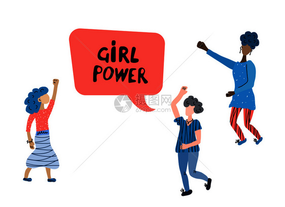 带有格的矢量女孩权力概念具有言语泡沫和字母风格平板的年轻女图片