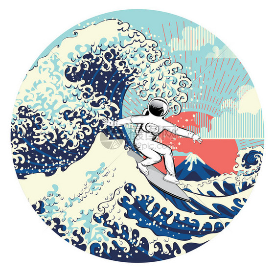 浮世绘风格冲浪的宇航员图片