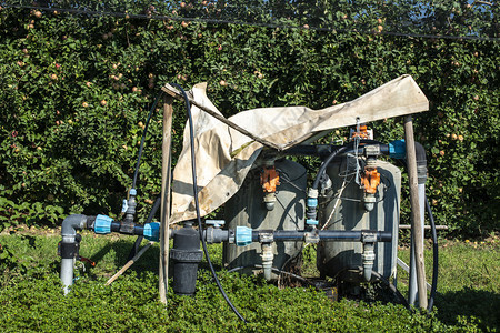 用于苹果园施肥的液化箱给大型工业农场的苹果树浇水灌溉泵和管图片