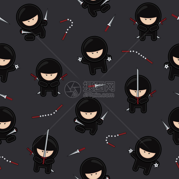 忍者人物在黑背景上无缝模式卡通武士矢量图日本战士插画图片下载
