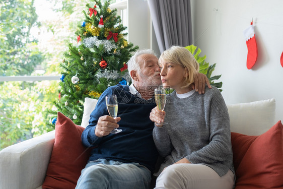 在客厅举行香槟节庆的女人接吻在客厅里一起庆祝与圣诞树装饰的庆祝节日退休生活方式的概念图片