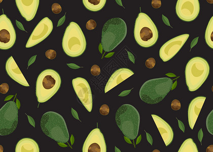 梨简笔画avocd无缝图案完整并切成黑色底水果矢量图解插画