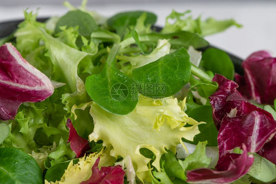 沙拉混合叶背景新鲜沙拉模式配有鲁科拉紫生菜菠薯片和碗中的硬叶图片