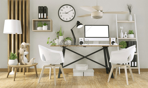 用空白屏幕装饰的模拟计算机和办公室装饰品模拟背景3d图片