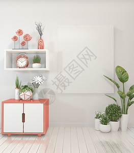 现代zen空房间里的内装概念海报框和现代柜子最低设计3D图片