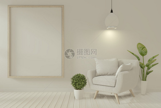 室内模拟海报框架和客厅的扶手椅模拟设计图片