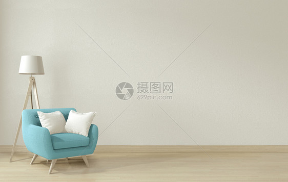 室内海报用蓝臂椅和装饰品模拟客厅图片