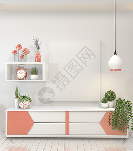 现代zen空房间里的内装概念海报框和现代柜子最低设计3D图片