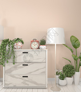 现代客厅的模拟花岗岩壁橱带有粉红色墙壁的植物3d图片