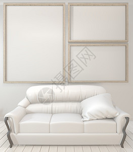 室内海报在客厅模拟木架沙发植物和灯具白色墙面设计最起码图片