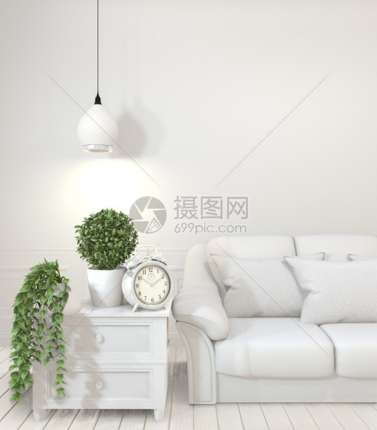 室内海报上装有空的木制沙发植物和灯空的房间里装有白墙图片