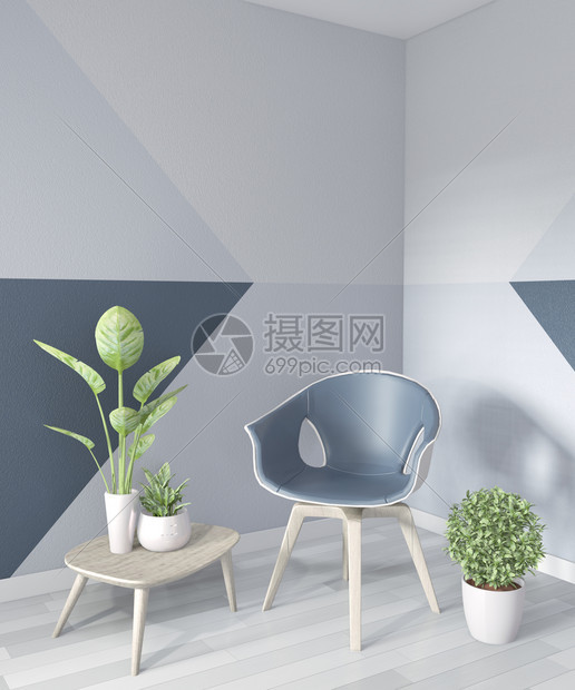 客厅蓝色几何墙壁画设计木制地板上全色的彩3d图片