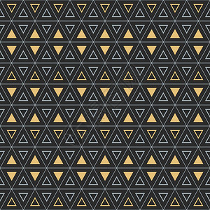 无缝几何图案带有粗形三角和交织细线六边形图案金和黑矢量解图片