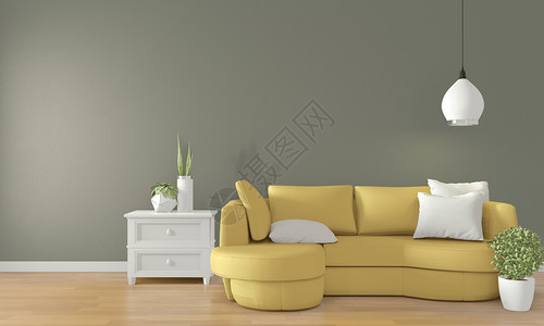 现代室内装有黄色沙发的模拟绿房间3d图片