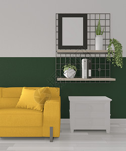 绿色房间几何墙壁画设计木制地板上全色彩3d背景图片