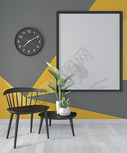 黑色和黄房间几何壁画油漆设计木制地板上全色的彩3d图片