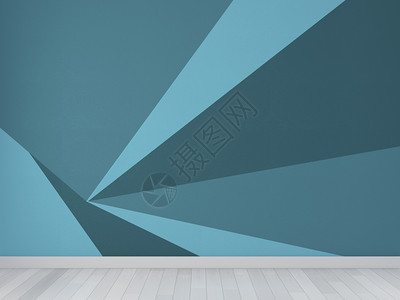 蓝色空房间几何墙壁油漆设计在木制地板上全色3d图片