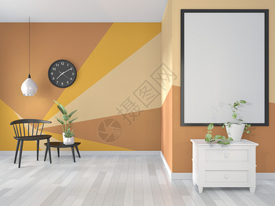 黄色和橙房间几何墙壁油漆设计在木制地板上全色3d图片