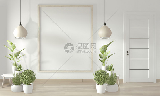 白色墙壁和门上的海报布板和白色门装饰的最小设计3d图片