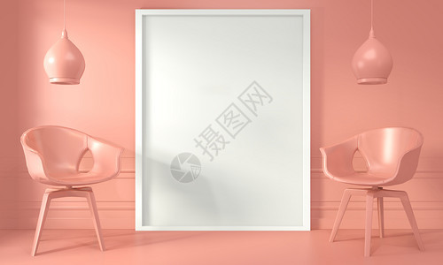 模拟海报框架和椅子起居室灯内活珊瑚风格3d图片