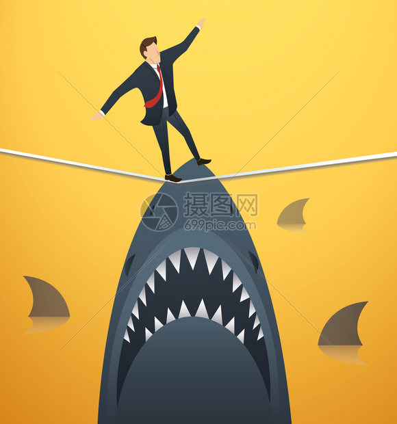 商人在风险下与鲨鱼在绳子上行走图片